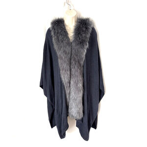 Chicos Duster Cardigan OS Gray Faux Fur Collar Long Shawl Throw New